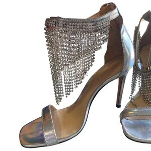 Schultz 'Lory' Iridescent Silver Leather Crystal Fringe Strappy Heels 7.5